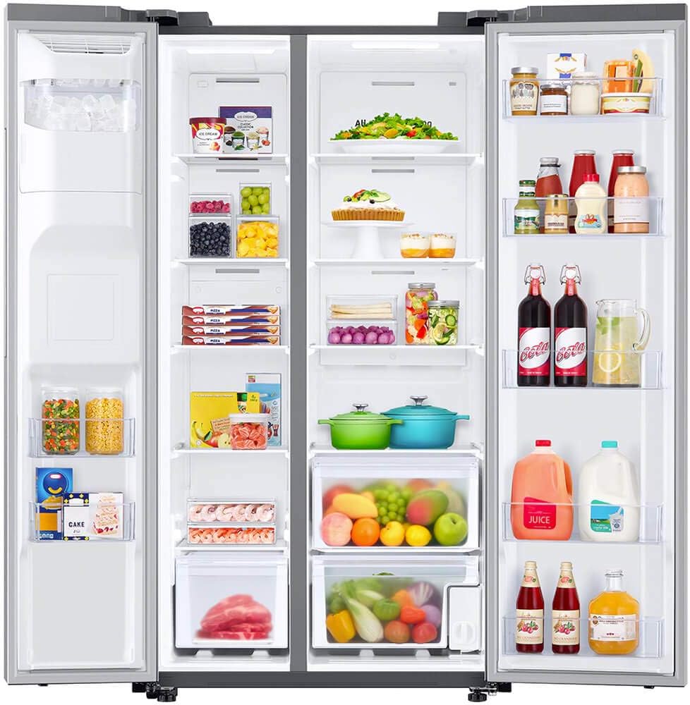The inside of a Samsung refrigerator with food