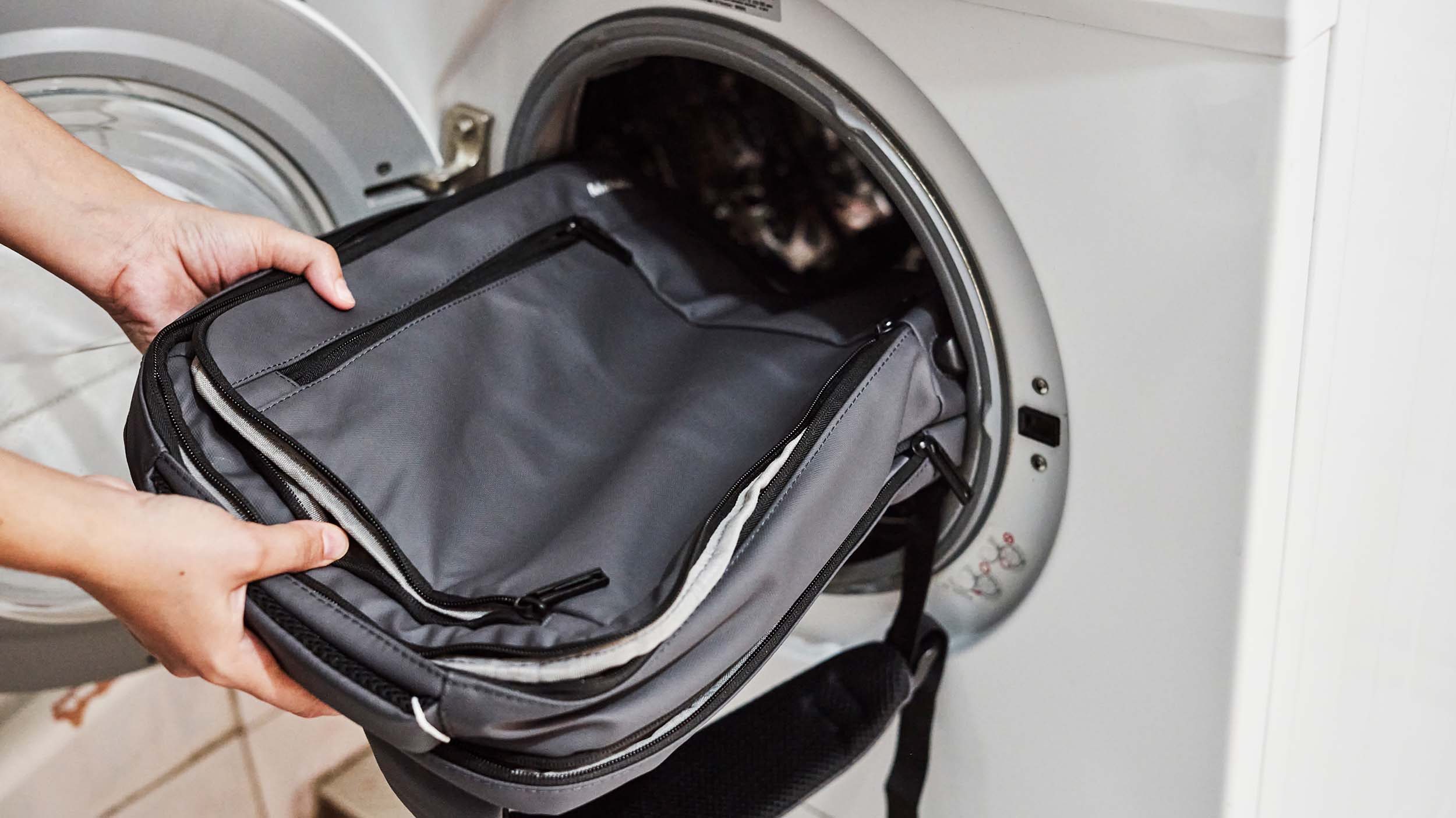 backpacks in the washing machine