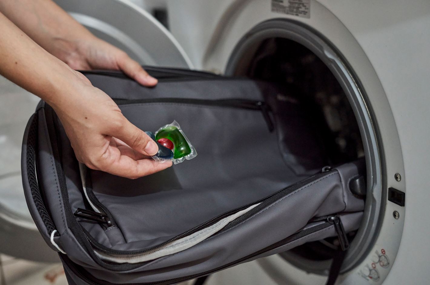 backpacks in the washing machine